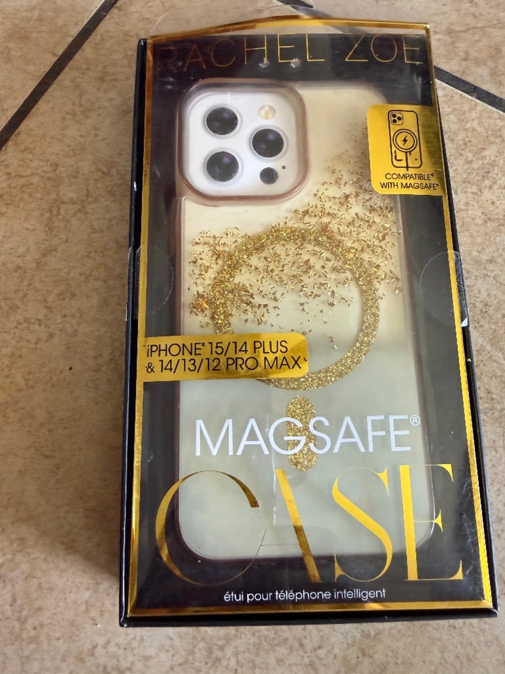 The RACHEL ZOE Creme/Gold Glitter Mag Safe Case for iPhone 12-15 Plus Pro Max